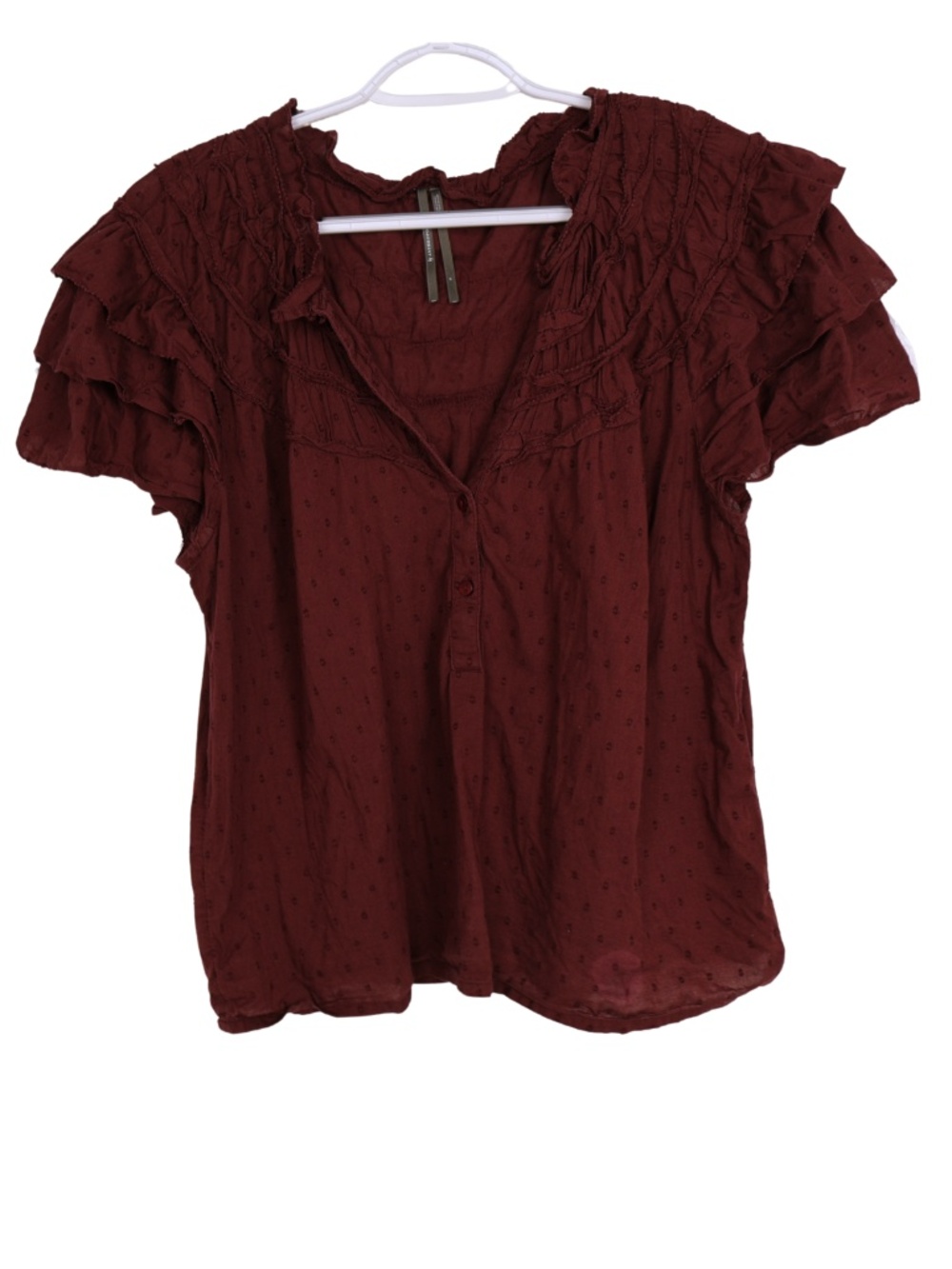Anthropologie Burgundy Swiss Dot Ruffle Blouse Women's Medium Boho Cottagecore